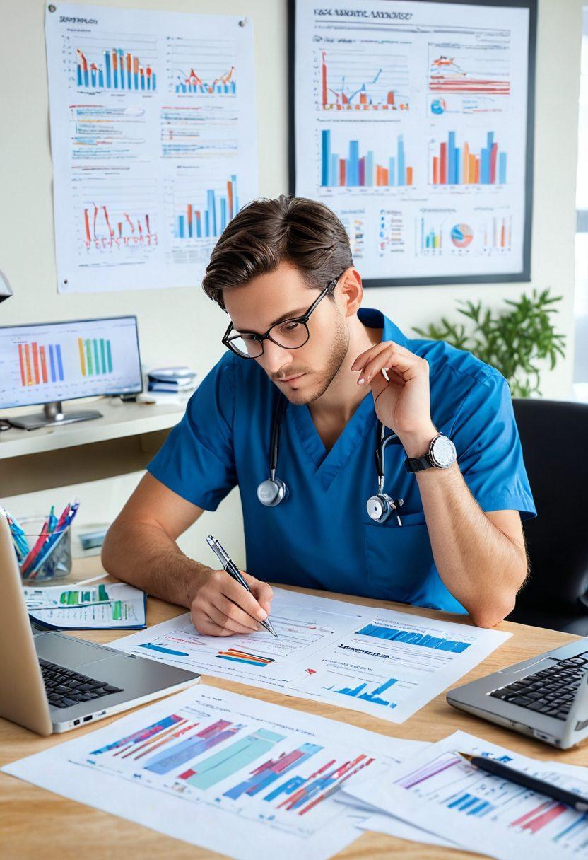 A thoughtful person studying insurance documents while seated at a desk scattered with medical lab testing equipment, surrounded by visual elements representing healthcare services like test tubes, charts, and a laptop displaying policy comparisons. The background features soft colors to evoke a sense of clarity and understanding. super-realistic. vibrant colors. subtle white background.