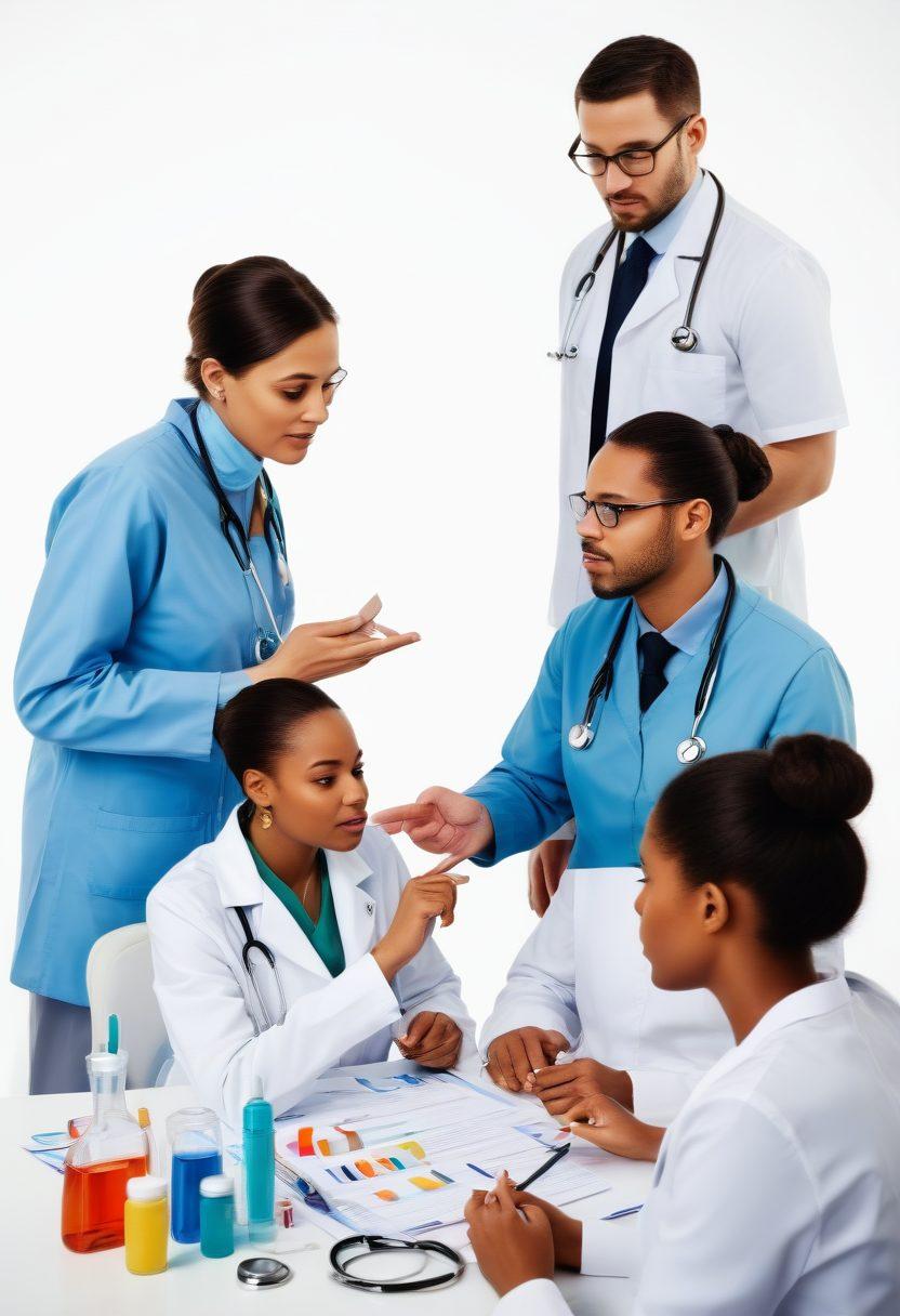 A diverse group of individuals discussing insurance options with a healthcare professional, surrounded by visual elements representing medical needs such as stethoscopes, medicine bottles, and health charts. Incorporate personalized icons reflecting various medical conditions and insurance policies to depict custom solutions. Bright and inviting color palette, emphasizing inclusivity and care. super-realistic. vibrant colors. white background.